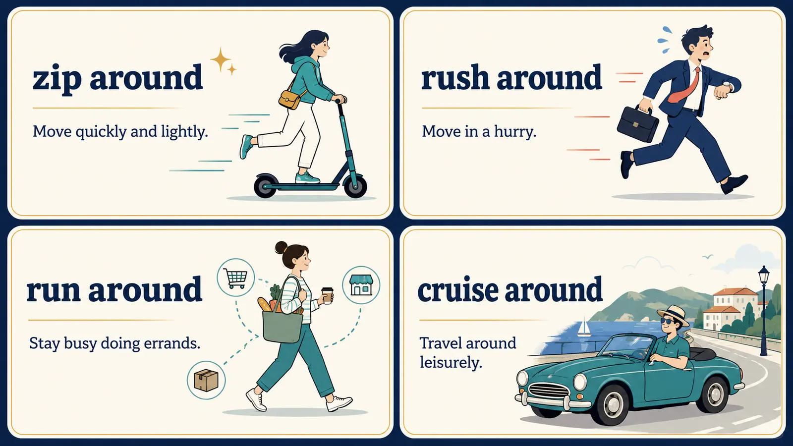 zip around、rush around、run around、cruise aroundの違いを示す図解