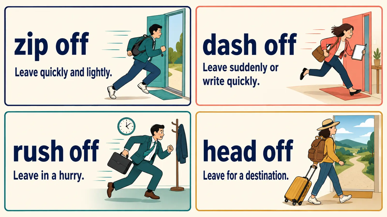 zip off、dash off、rush off、head offのニュアンス比較図