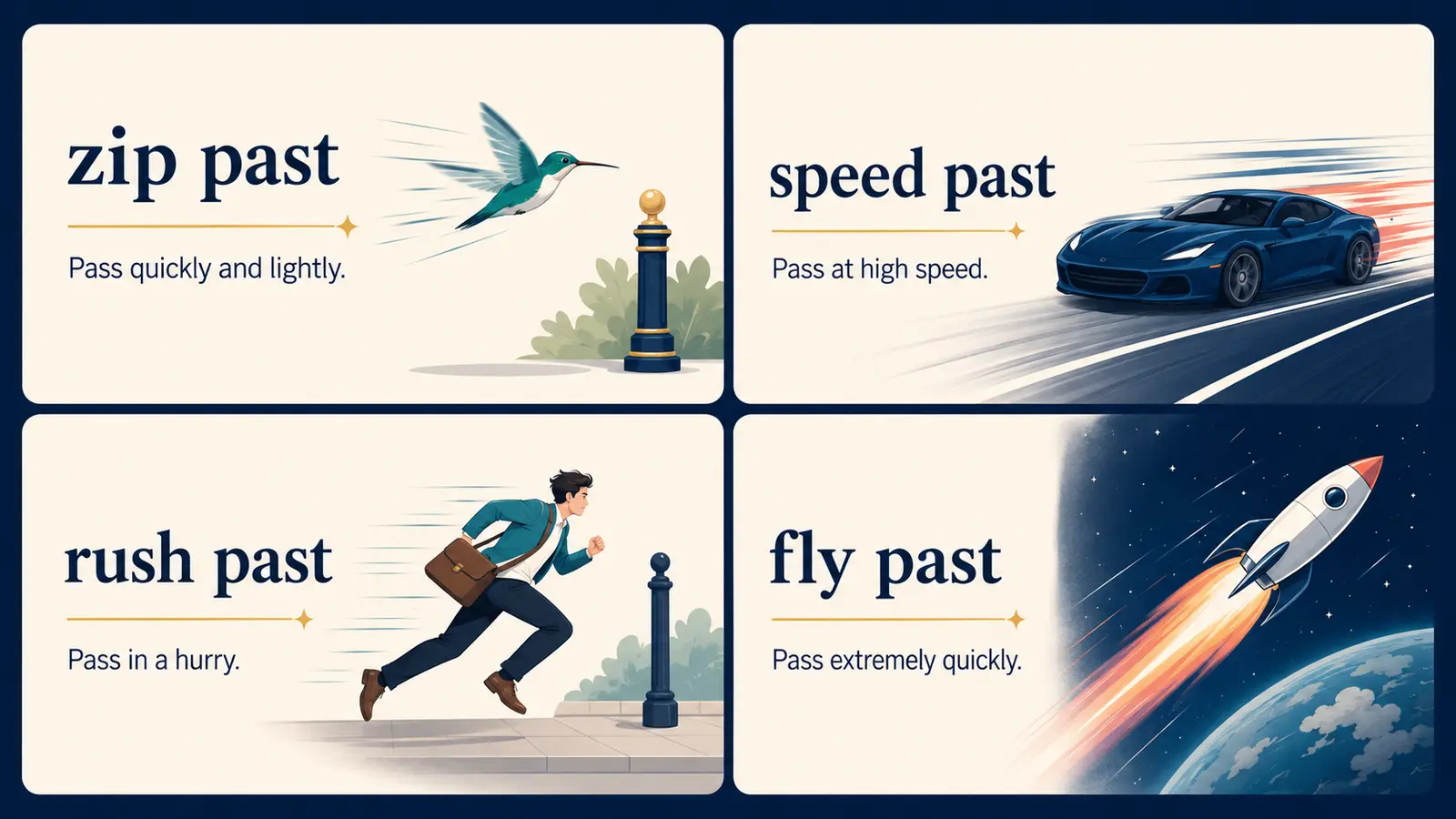 zip past、speed past、rush past、fly pastの違いを示す図解
