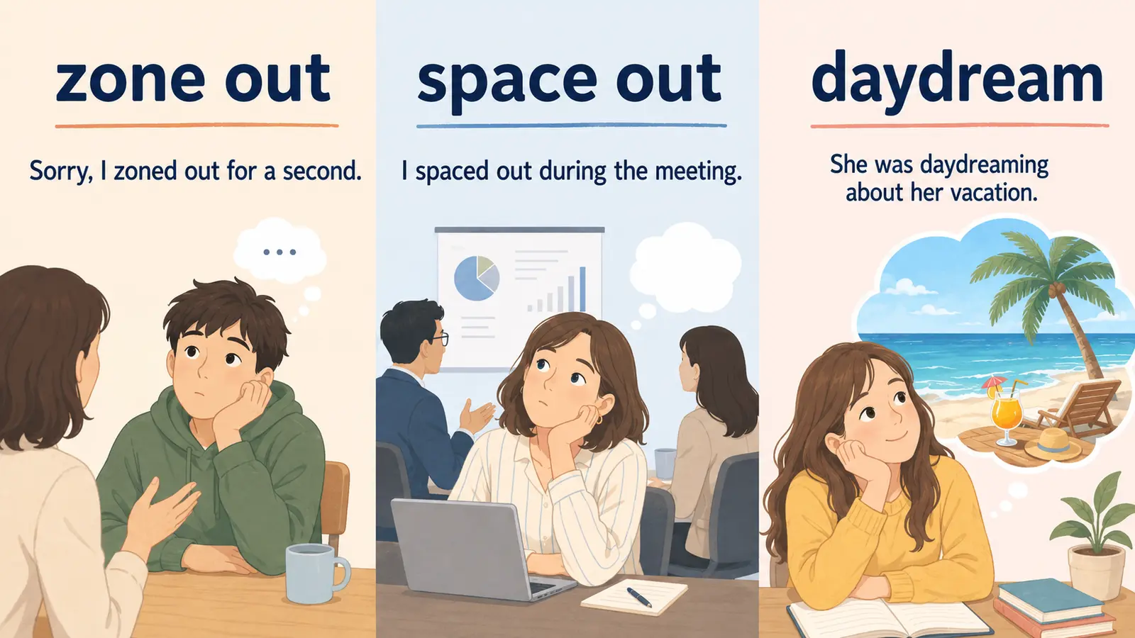 zone out、space out、daydreamの意味と例文を比較する図