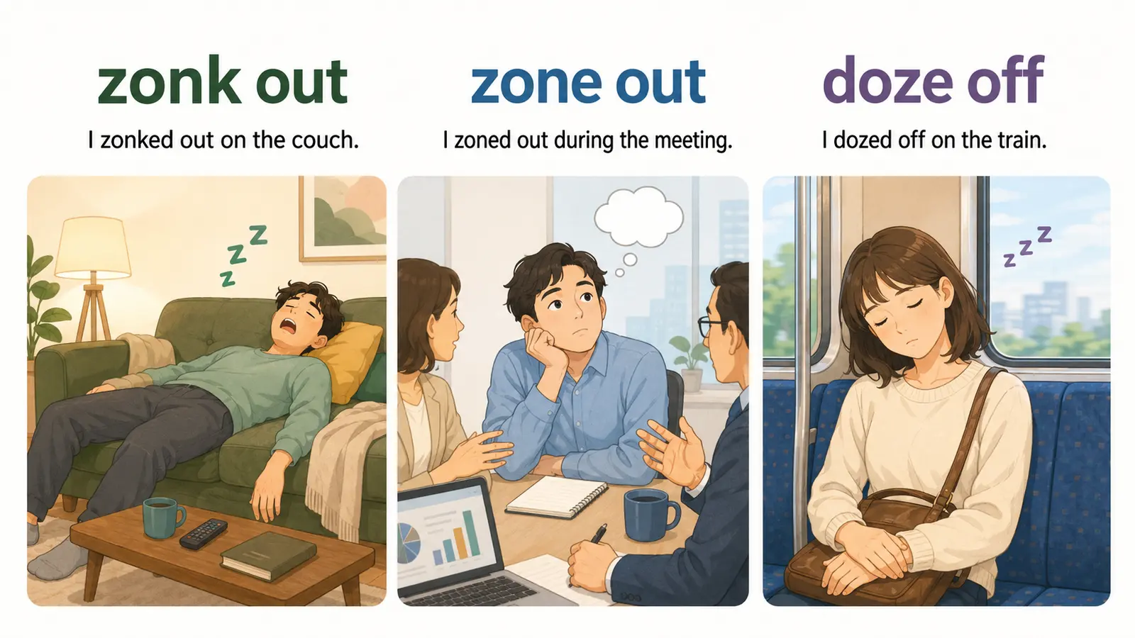 zonk out、zone out、doze offの意味と例文を比較する図