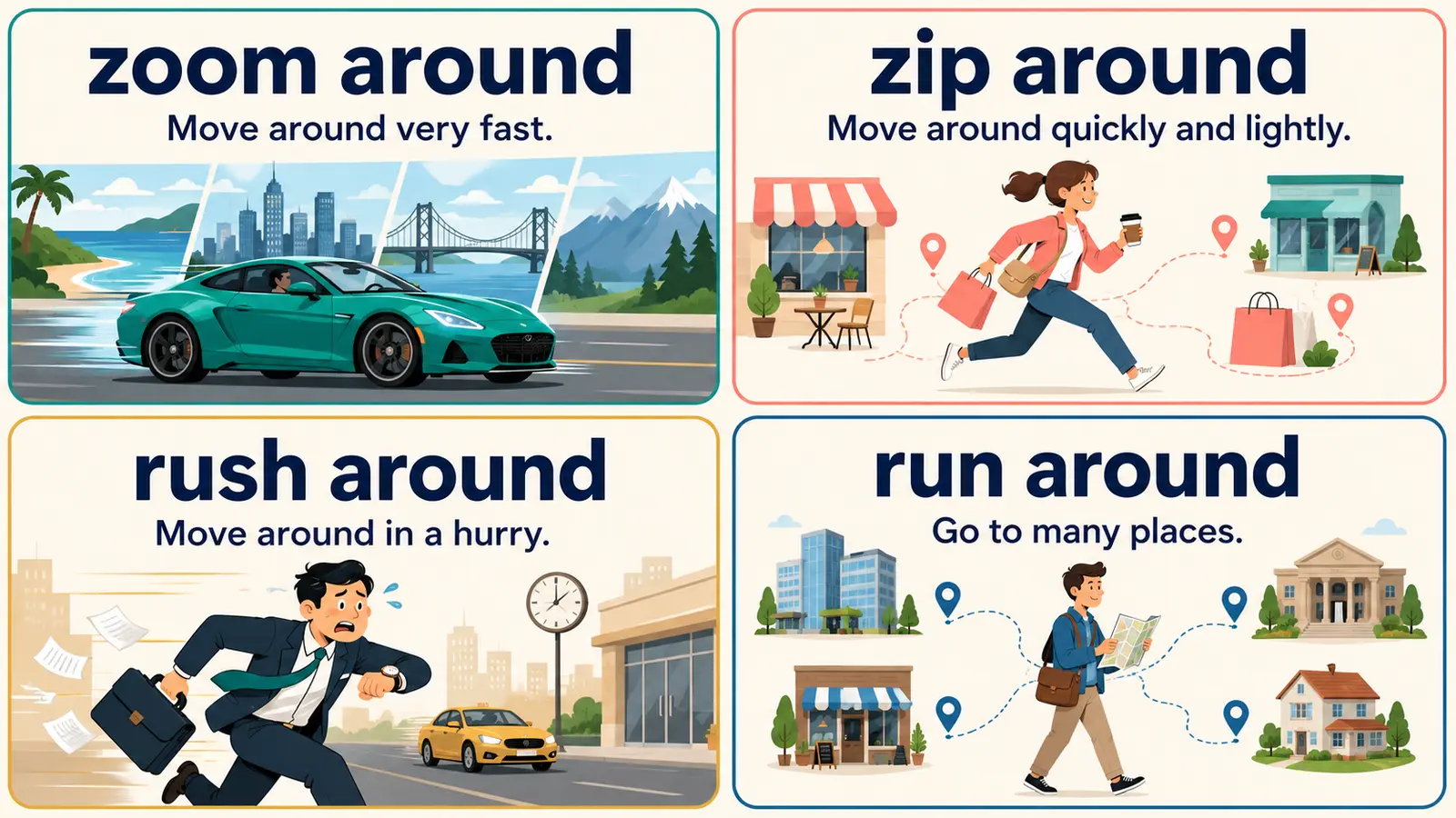 zoom around、zip around、rush around、run aroundのニュアンス比較図
