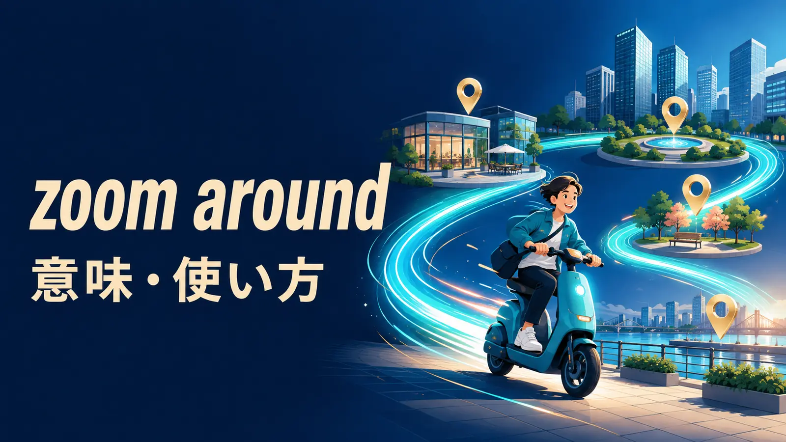 zoom aroundの意味と使い方を表す英語学習イラスト