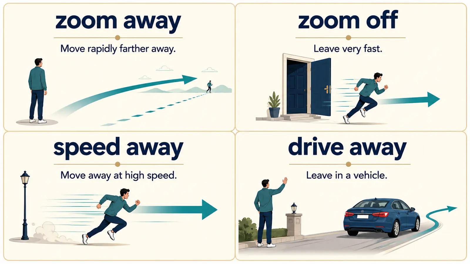 zoom away、zoom off、speed away、drive awayのニュアンス比較図