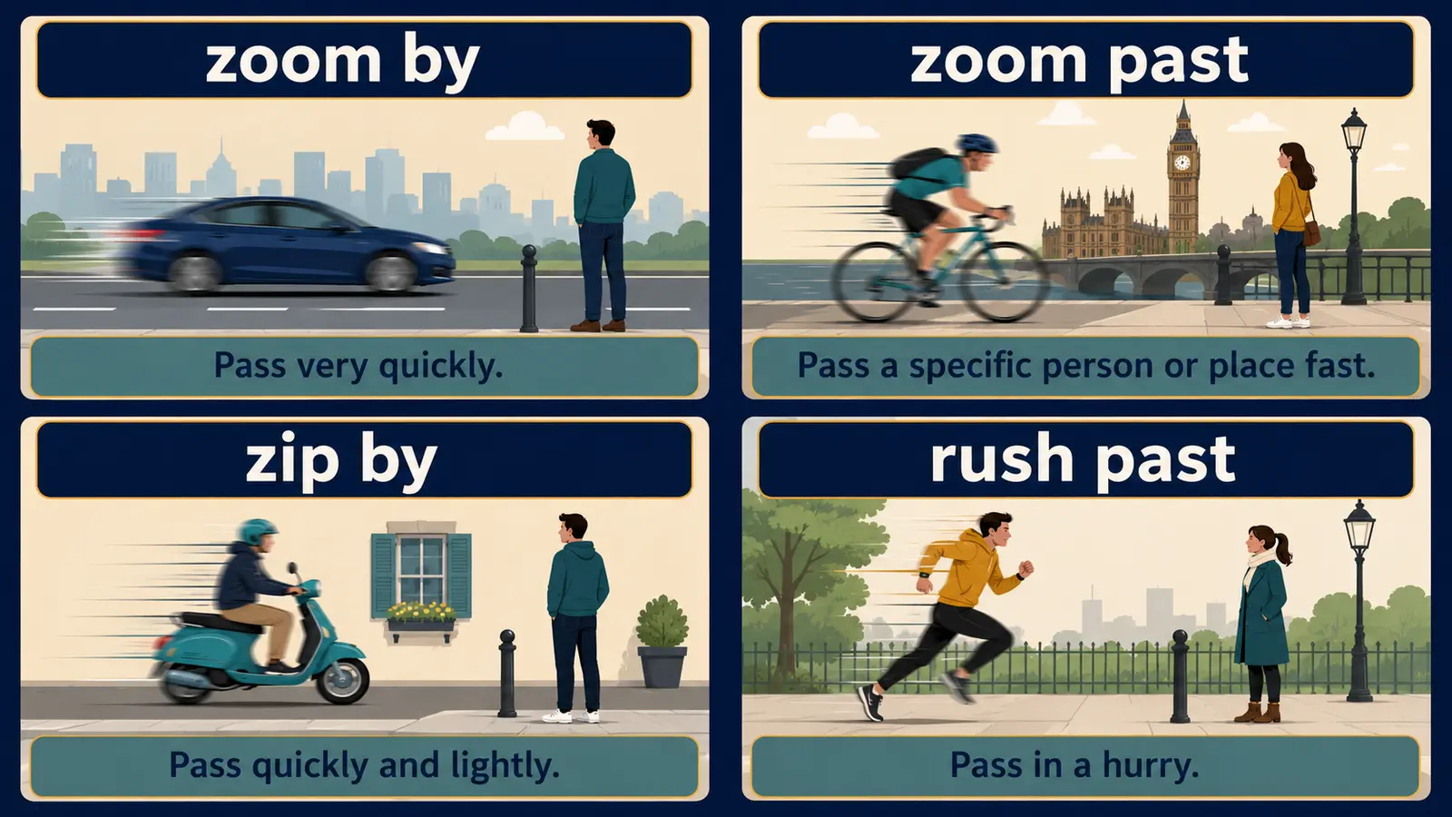 zoom by、zoom past、zip by、rush pastの比較図