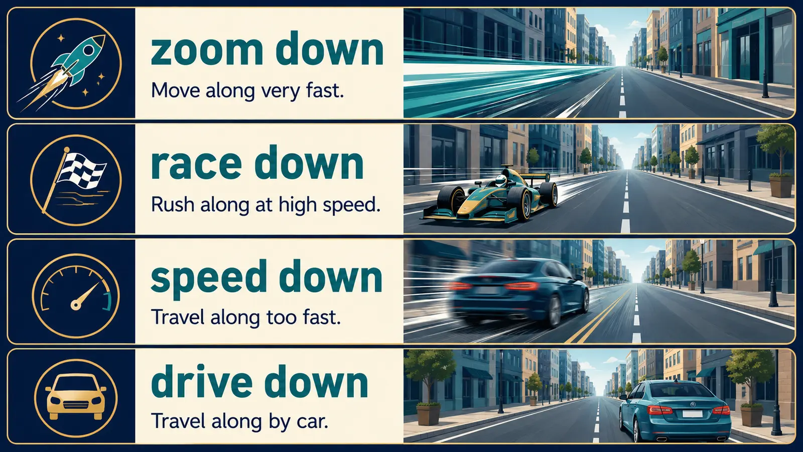 zoom down、race down、speed down、drive downの比較図