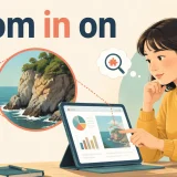 zoom in onの意味を表す、画像の一部を拡大して詳しく見る英語学習者のイラスト