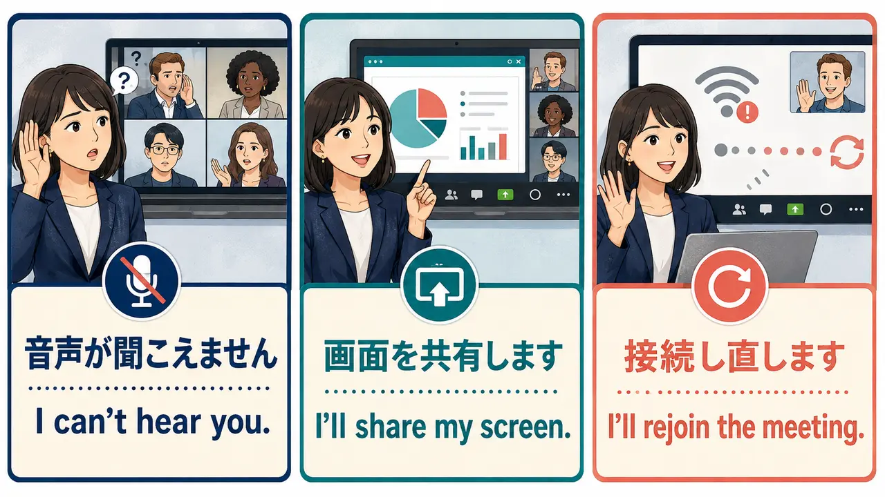 Zoom会議で音声・画面共有・再接続に対応する英語フレーズ