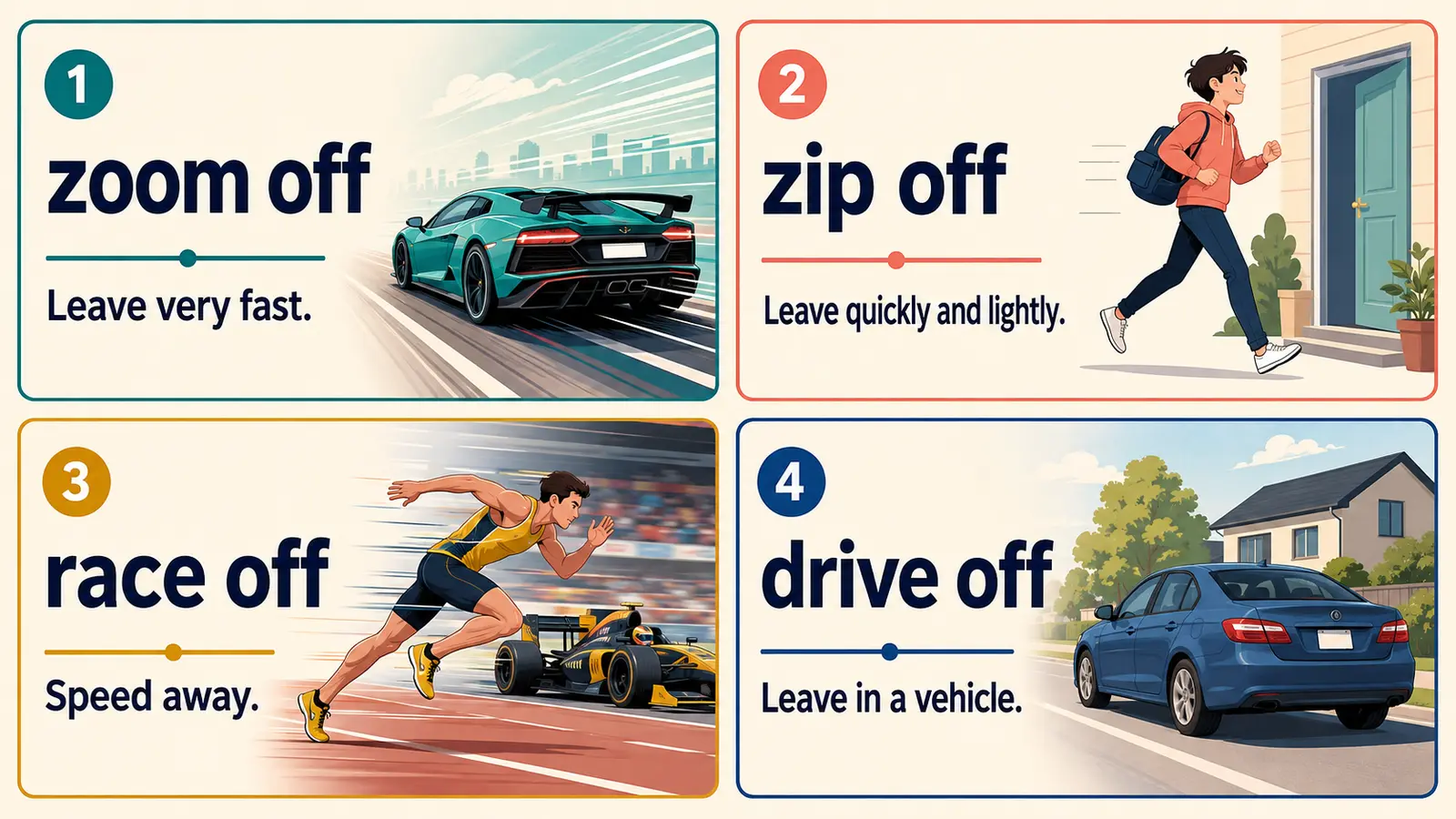 zoom off、zip off、race off、drive offのニュアンス比較図