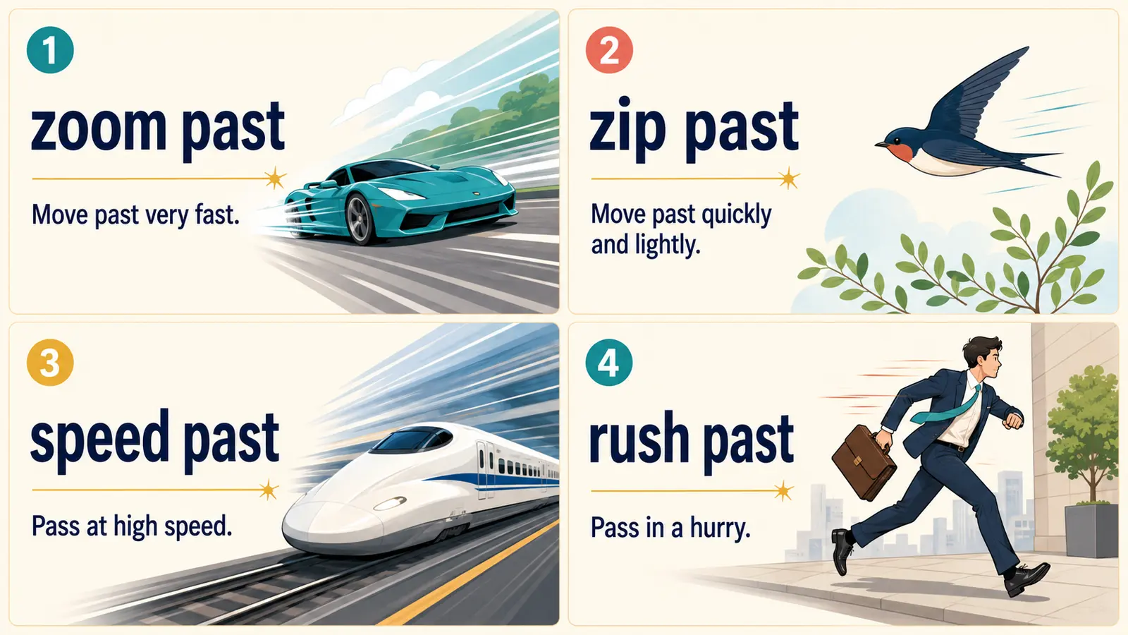 zoom past、zip past、speed past、rush pastのニュアンス比較図