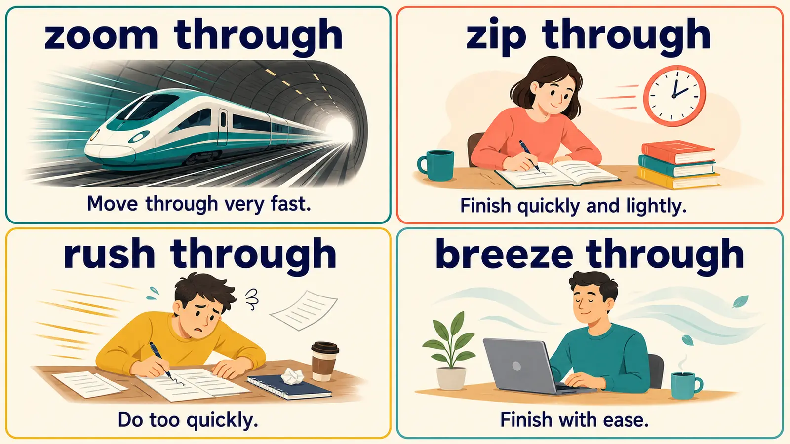 zoom through、zip through、rush through、breeze throughのニュアンス比較図