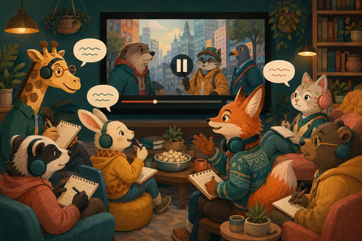 動物が映画を見ながら英語学習するイラスト