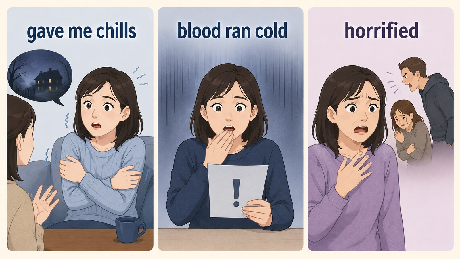 gave me chills、blood ran cold、horrifiedの違いを表す3場面のイラスト