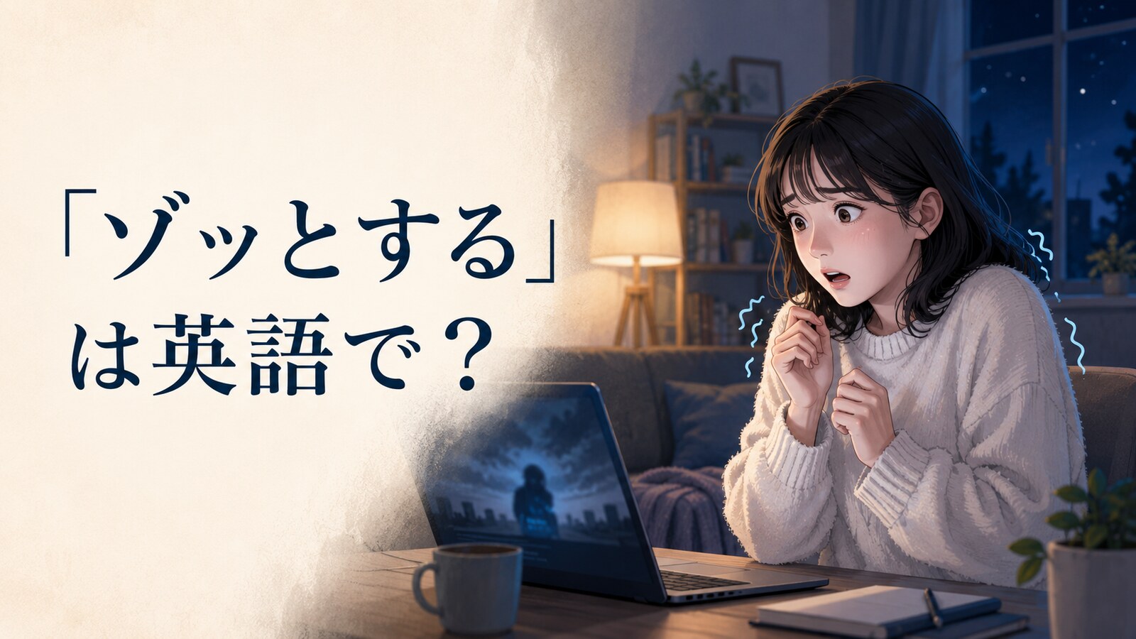 「ゾッとする」は英語で?と夜に怖い話を見て身震いする女性のイラスト