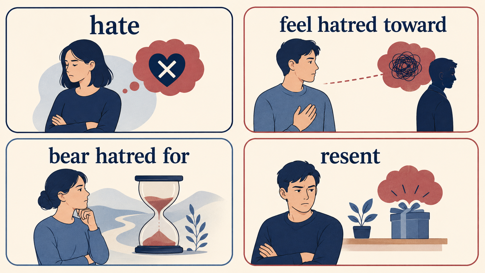 hate・feel hatred toward・bear hatred for・resentの違いを示す比較イラスト