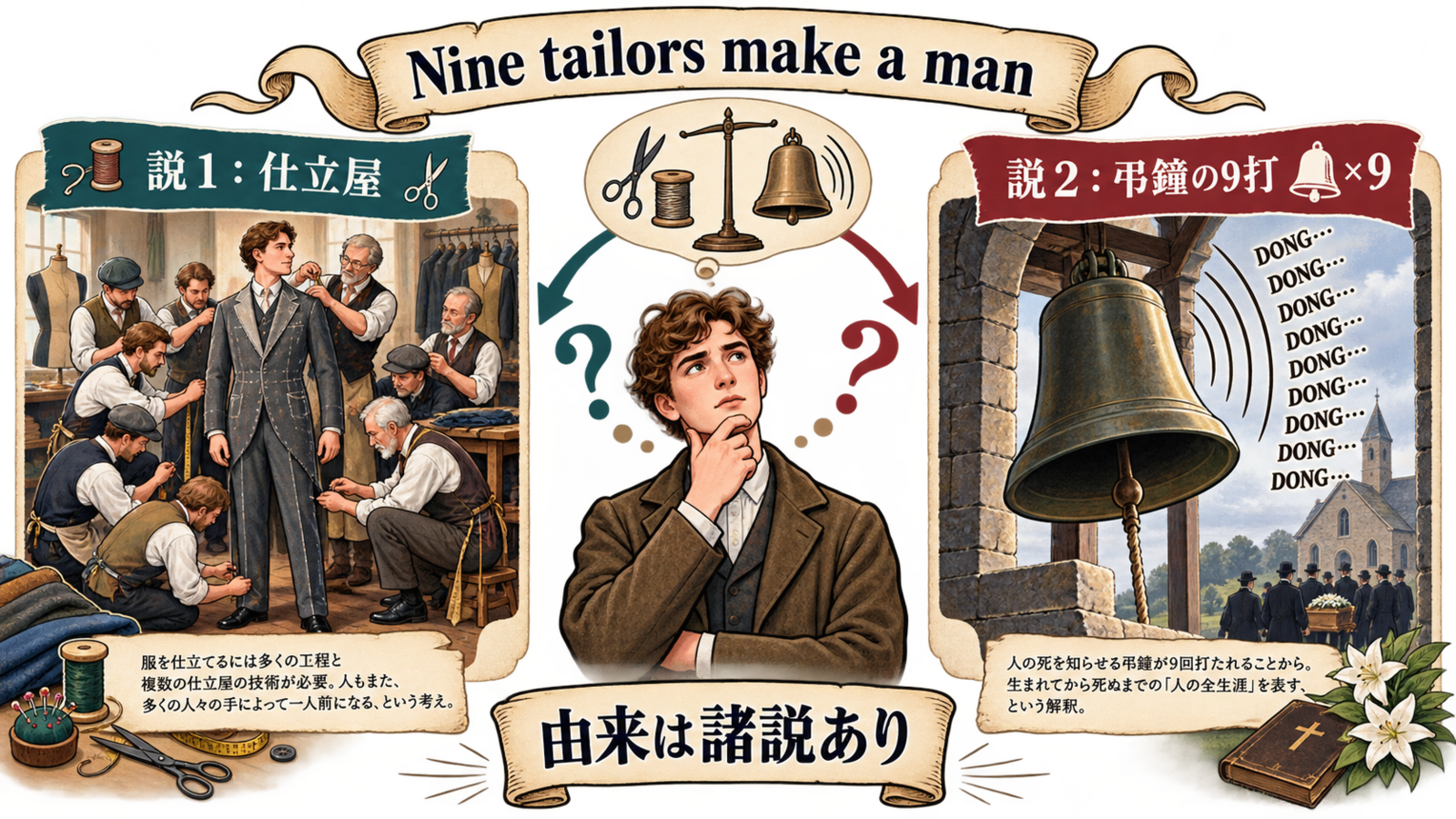 Nine tailors make a manの意味とニュアンスを示す解説図