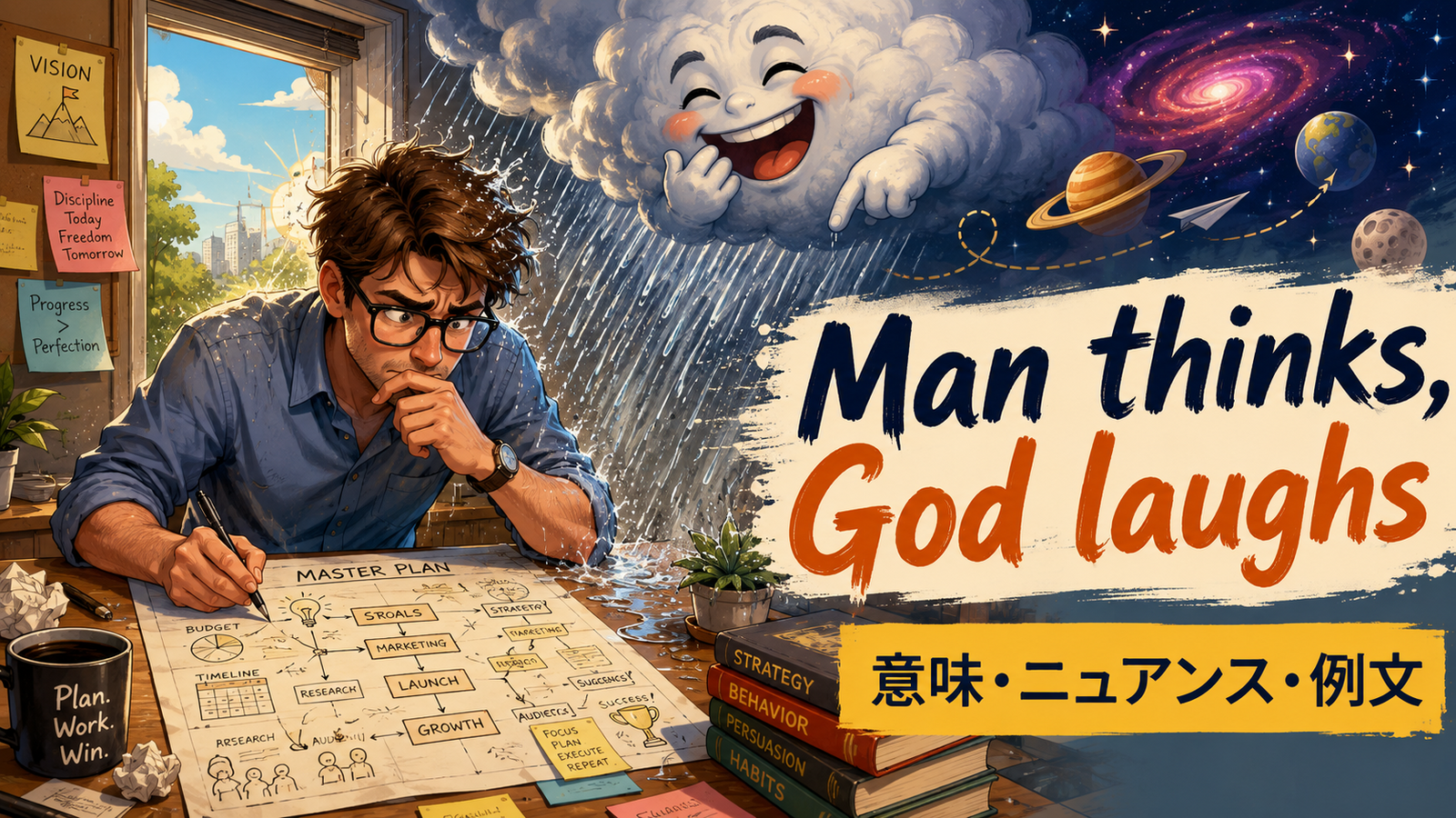 Man thinks, God laughsの意味｜計画どおりにいかない時の英語のアイキャッチ画像