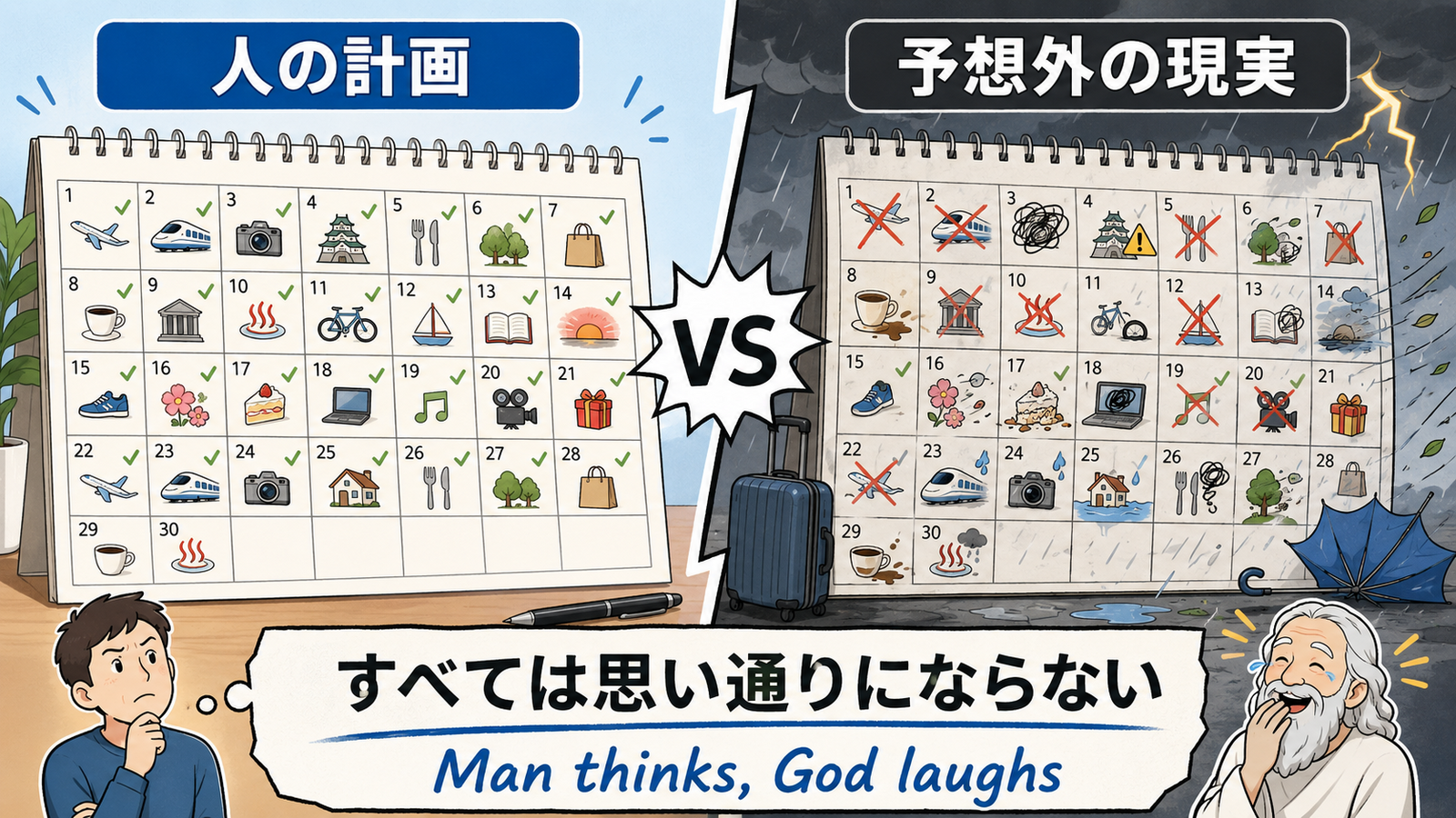 Man thinks, God laughsの意味とニュアンスを示す解説図