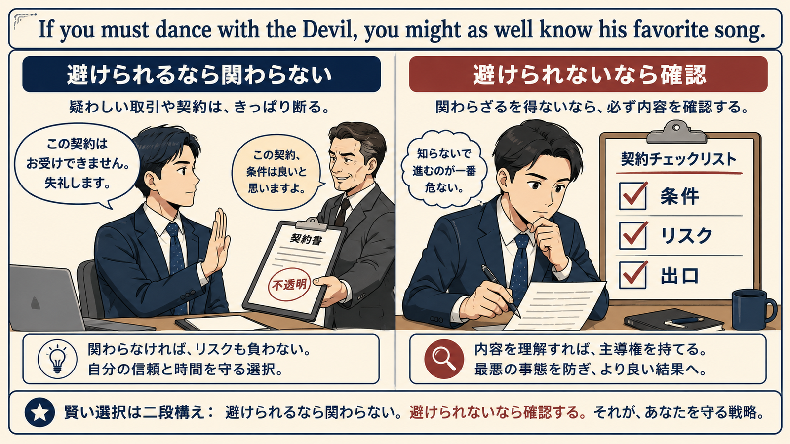 If you must dance with the Devil, you might as well know his favorite songの意味とニュアンスを示す解説図