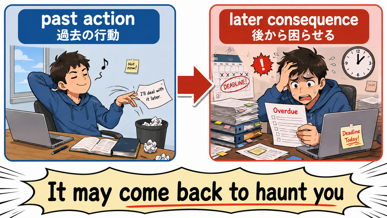 It will come back and haunt youの意味とニュアンスを示す解説図