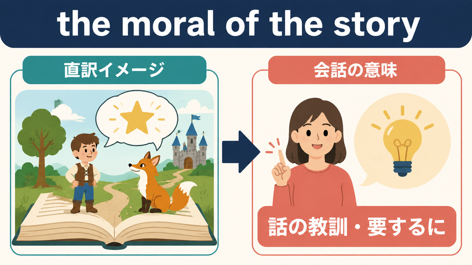 the moral of the storyの直訳イメージと「話の教訓/要するに」の意味を比較する図