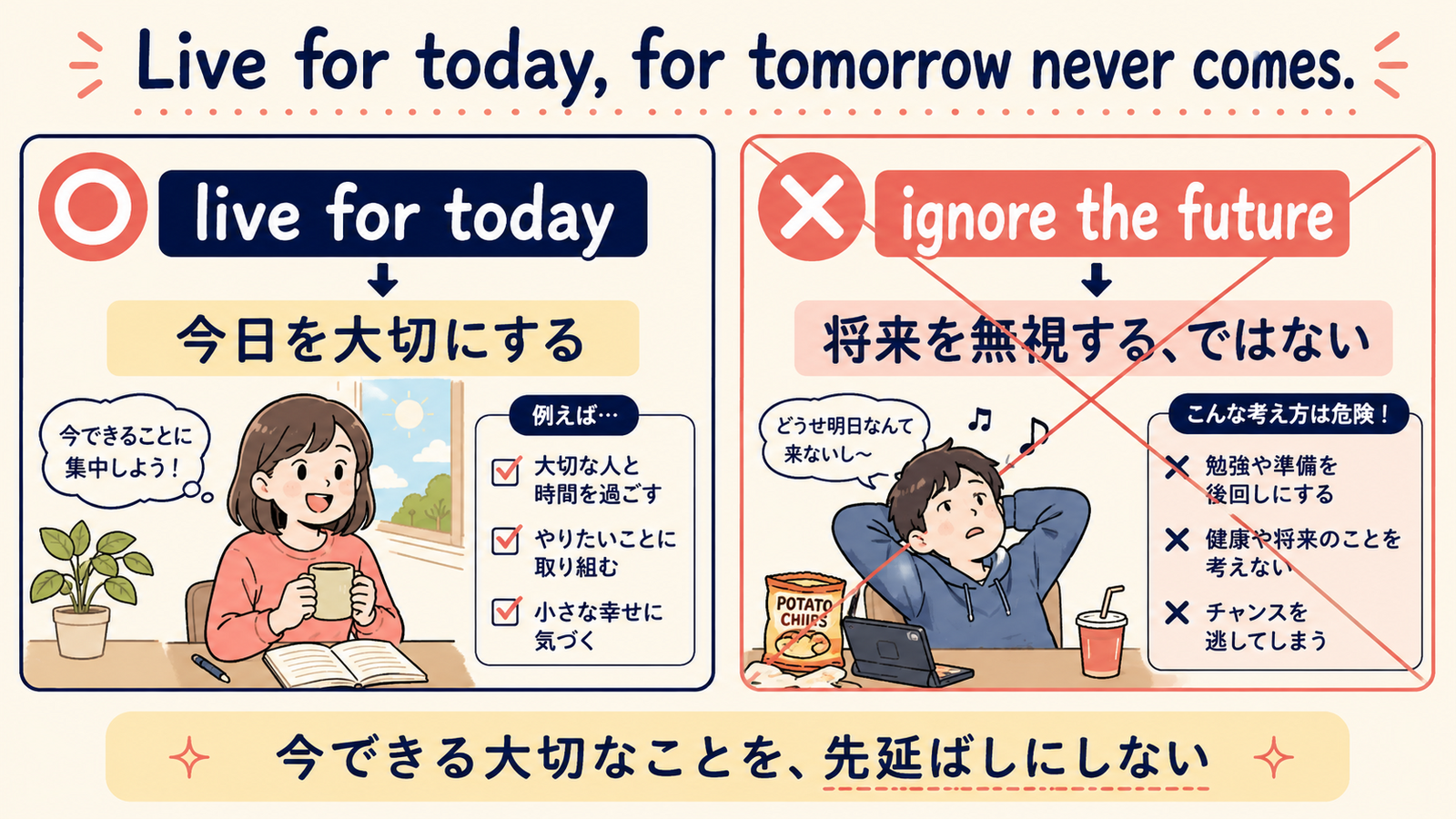 Live for today, for tomorrow never comesの意味とニュアンスを示す解説図