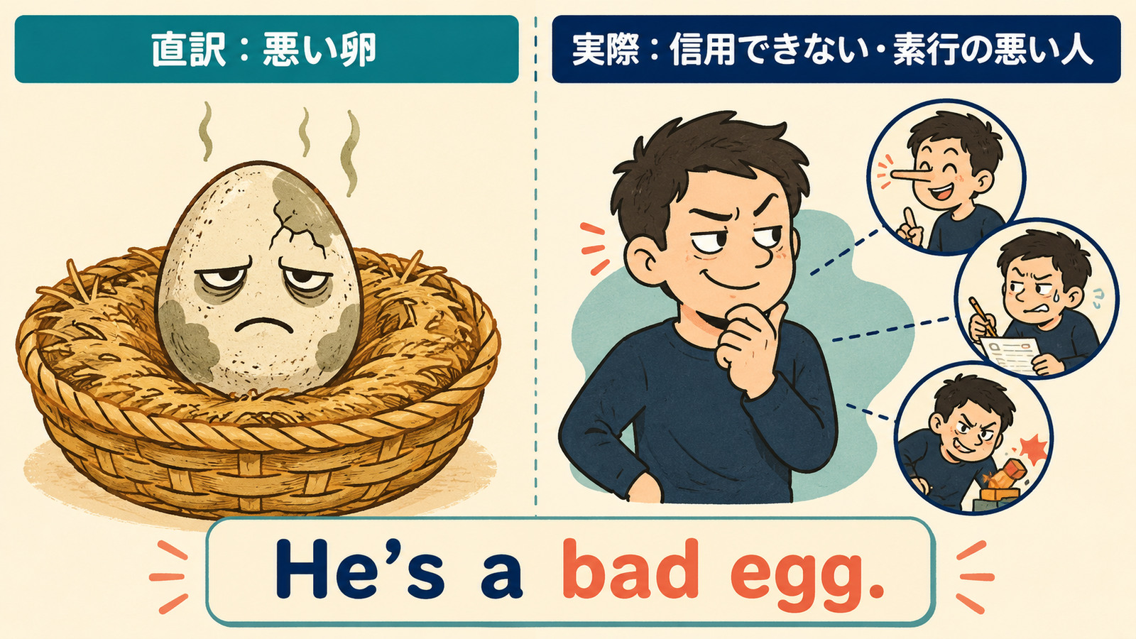 a bad eggの直訳と実際の意味を比較するイラスト