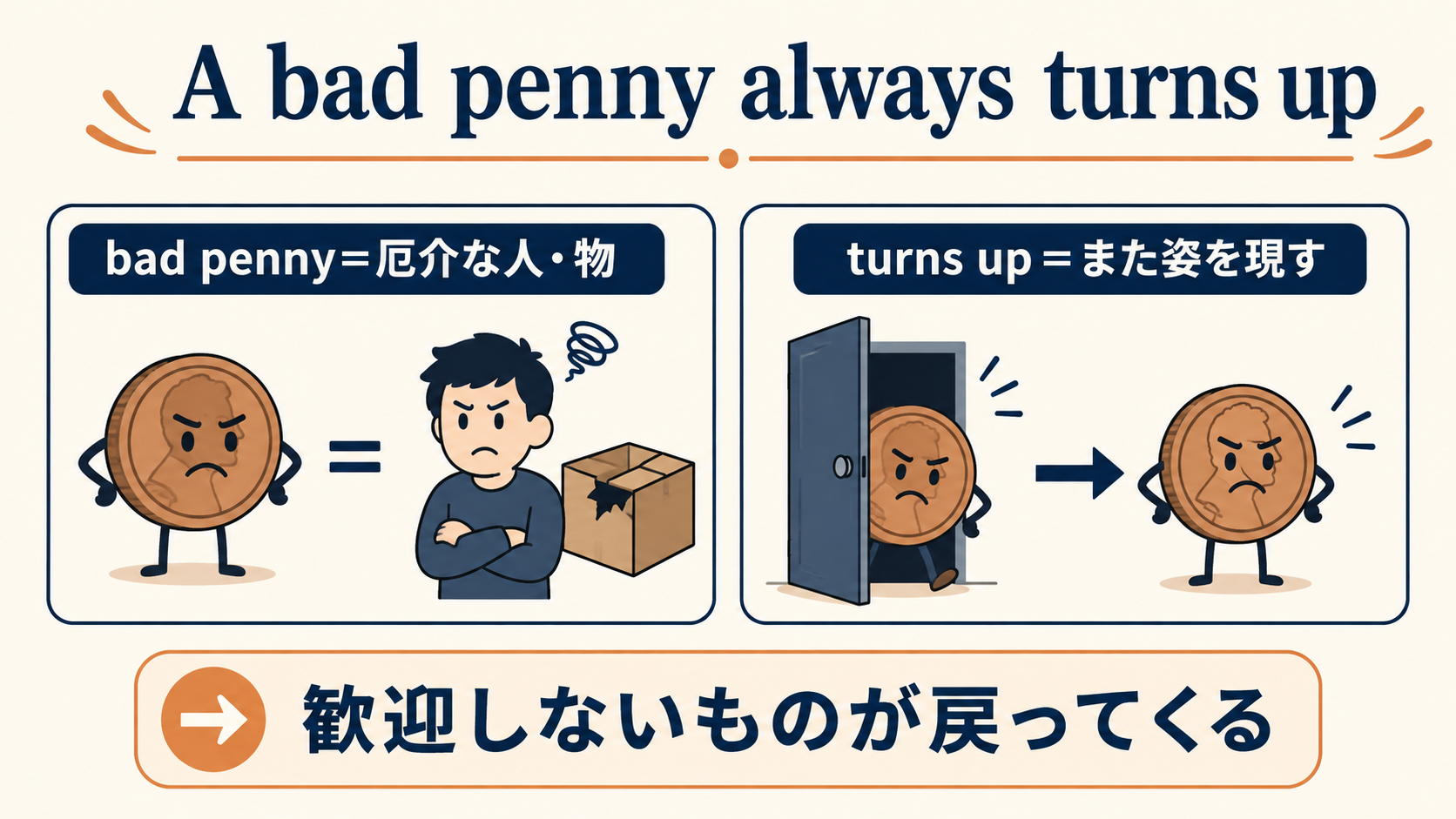 A bad penny always turns upの単語と比喩の仕組みを示す解説図