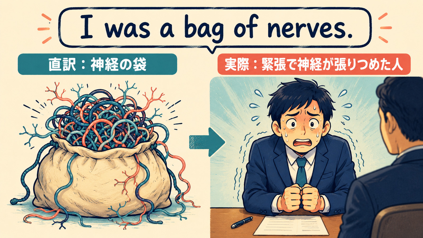 a bag of nervesの直訳と実際の意味を比較するイラスト