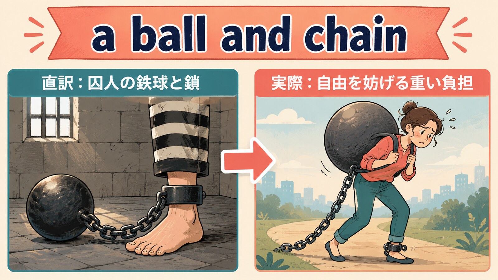 a ball and chainの直訳と実際の意味を比較する解説イラスト