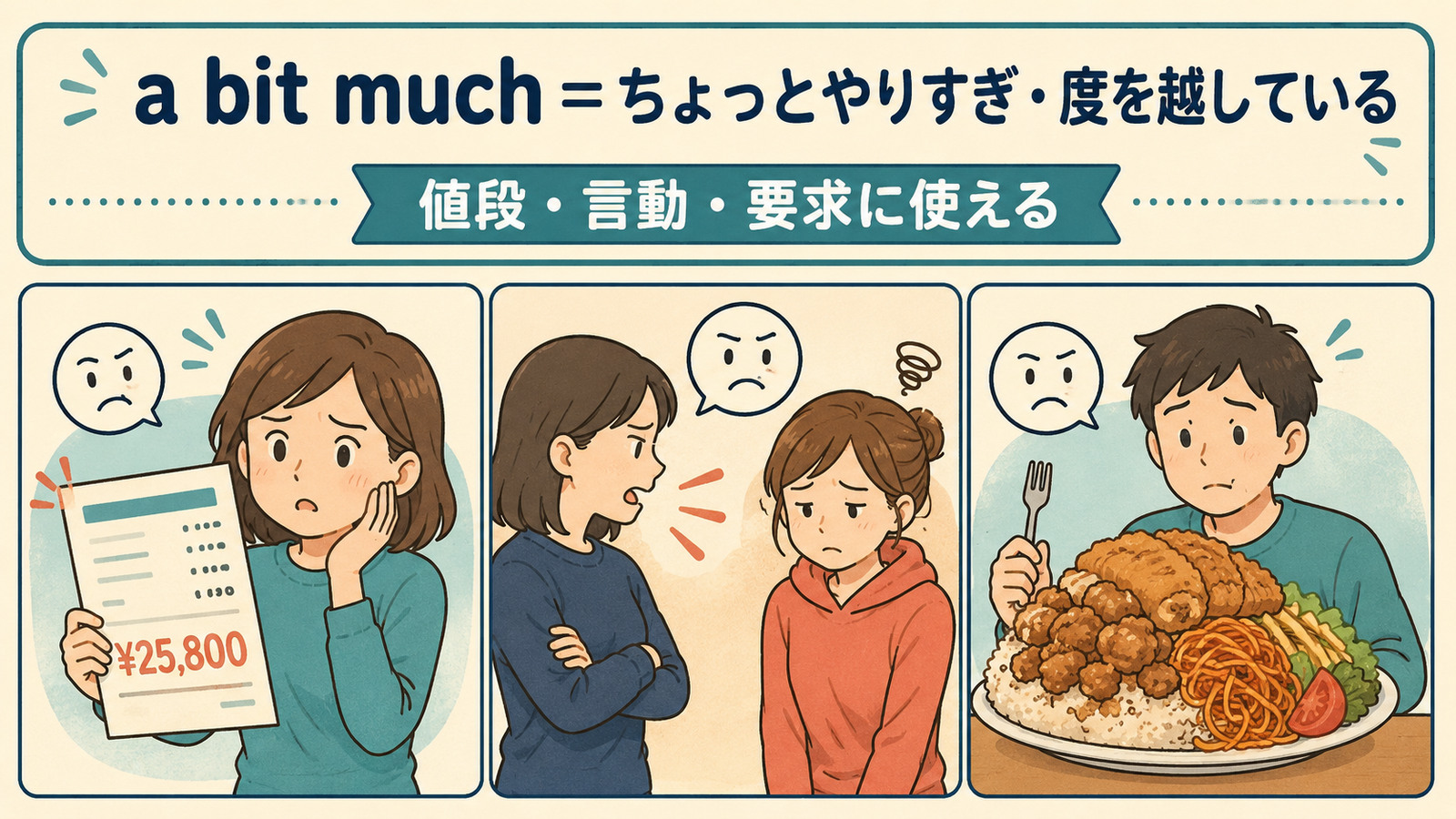 a bit muchの直訳と実際の意味を比較するイラスト