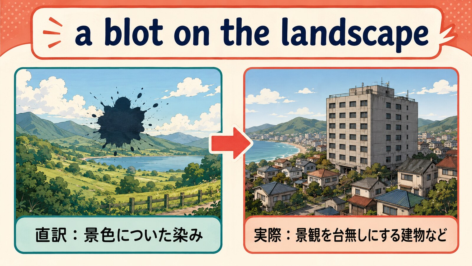 a blot on the landscapeの直訳と実際の意味を比較する解説イラスト