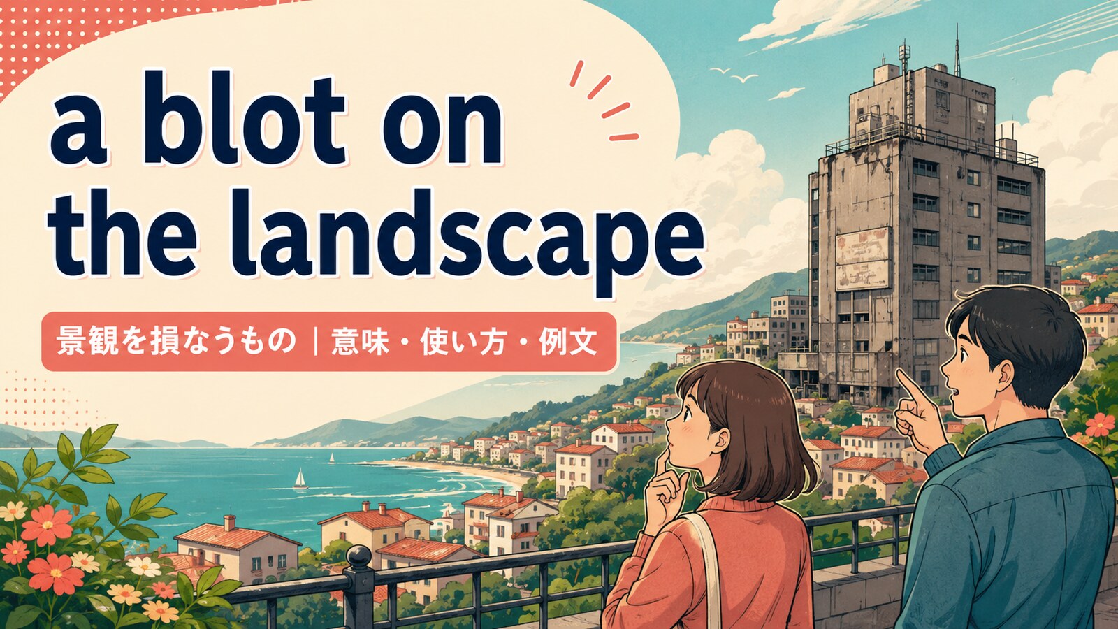 a blot on the landscapeの意味・使い方・例文を紹介するアイキャッチ画像