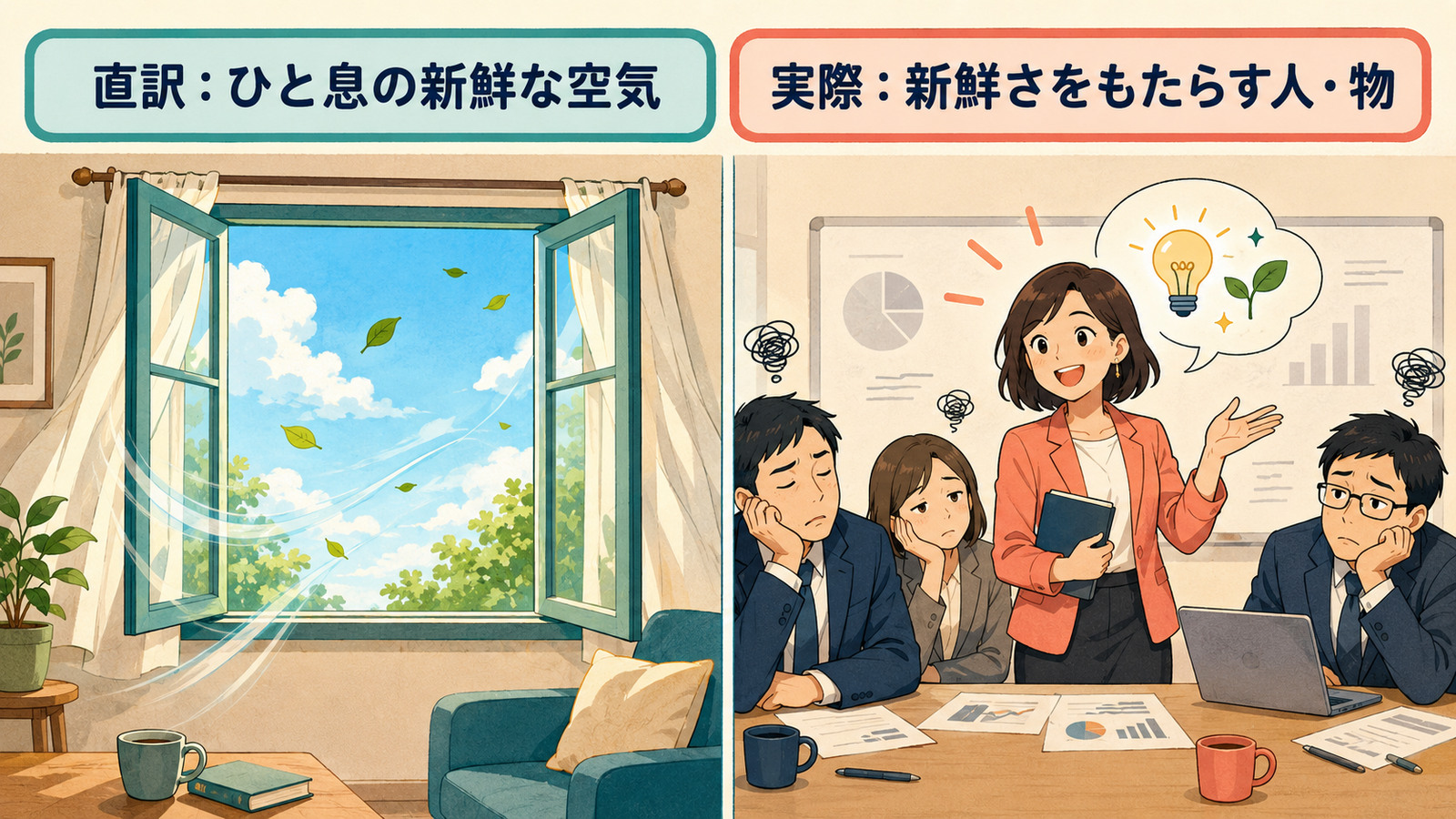 a breath of fresh airの直訳と実際の意味を比較するイラスト