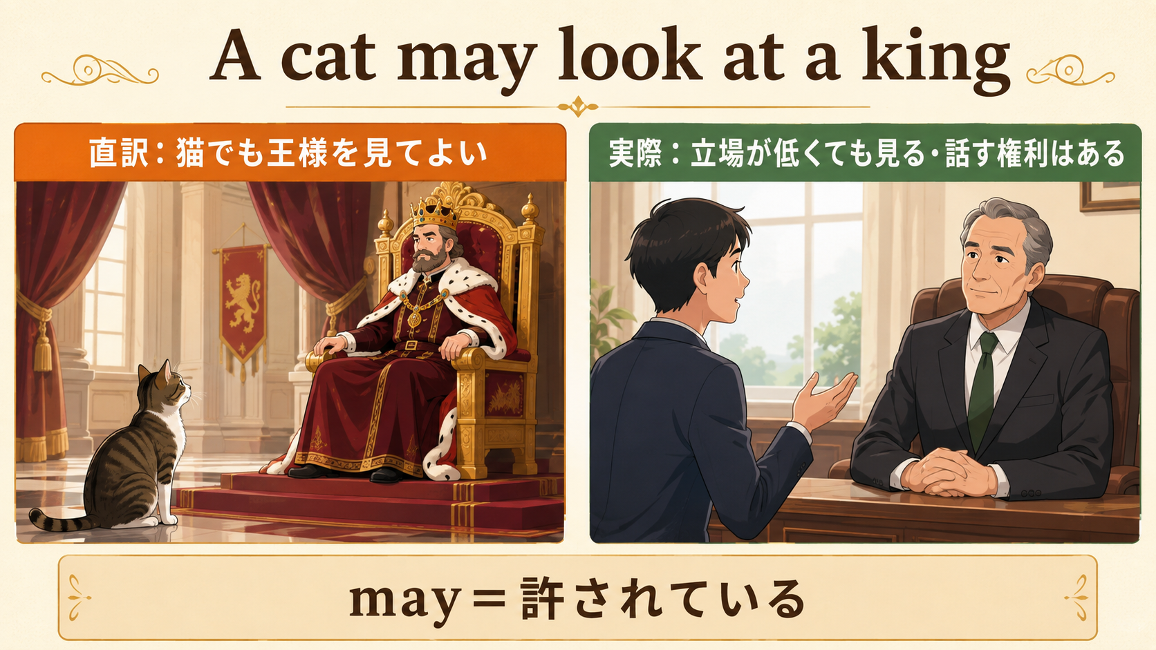 A cat may look at a kingのcat・look at・kingが表す意味