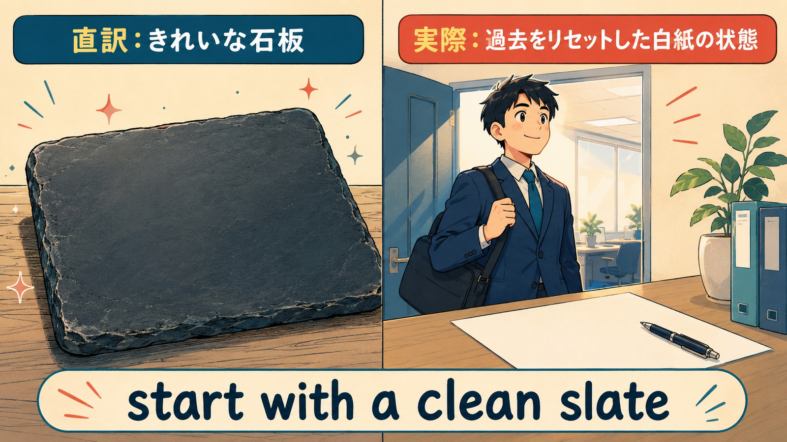 a clean slateの直訳と実際の意味を比較するイラスト