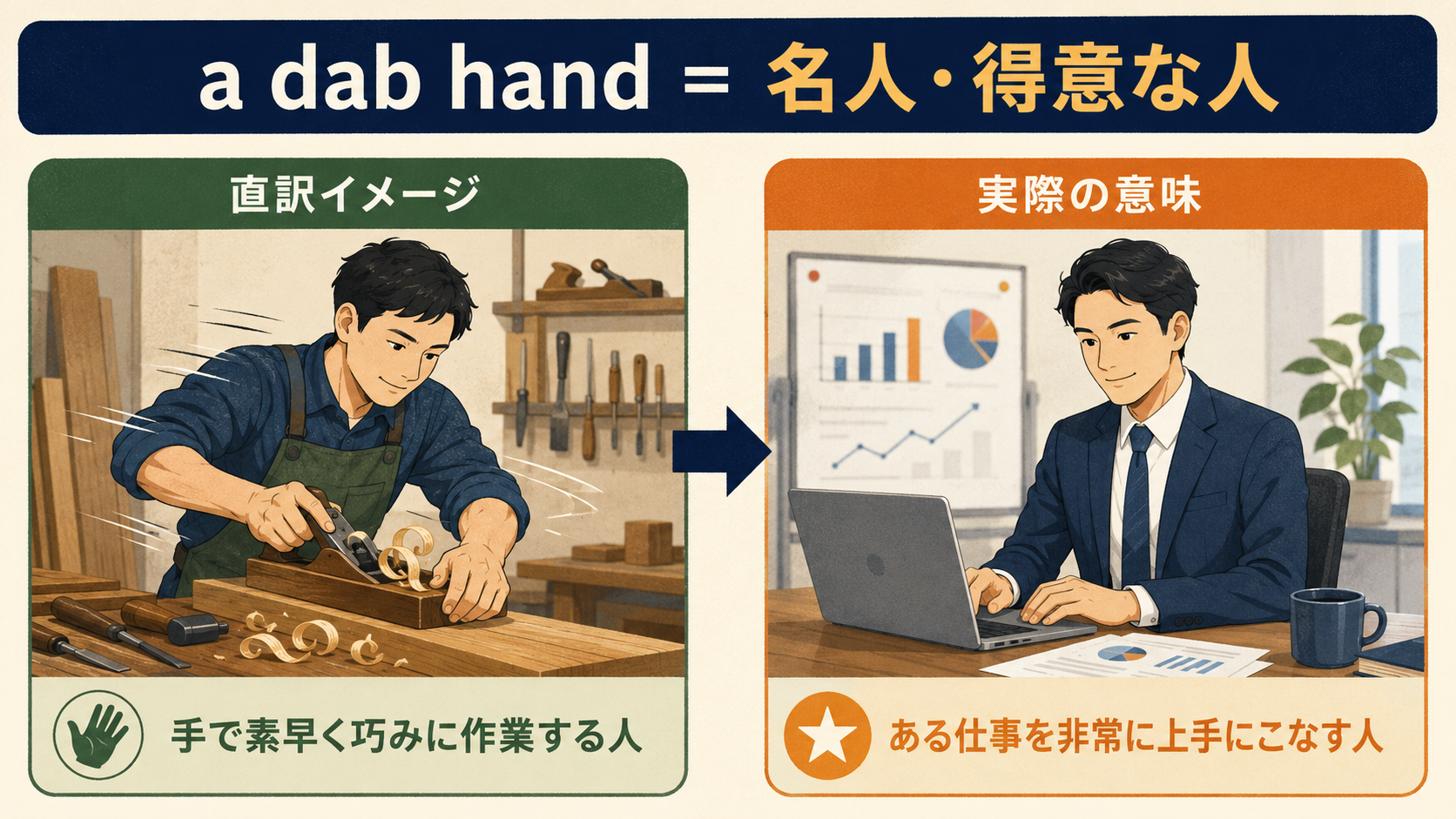 a dab handの直訳イメージと実際の意味を比較したイラスト