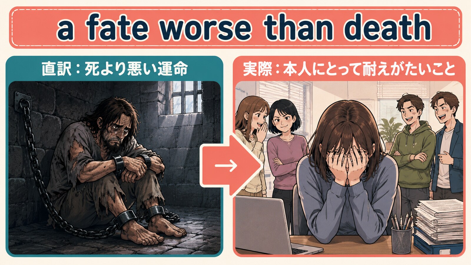 a fate worse than deathの直訳と実際の意味を比較する解説イラスト