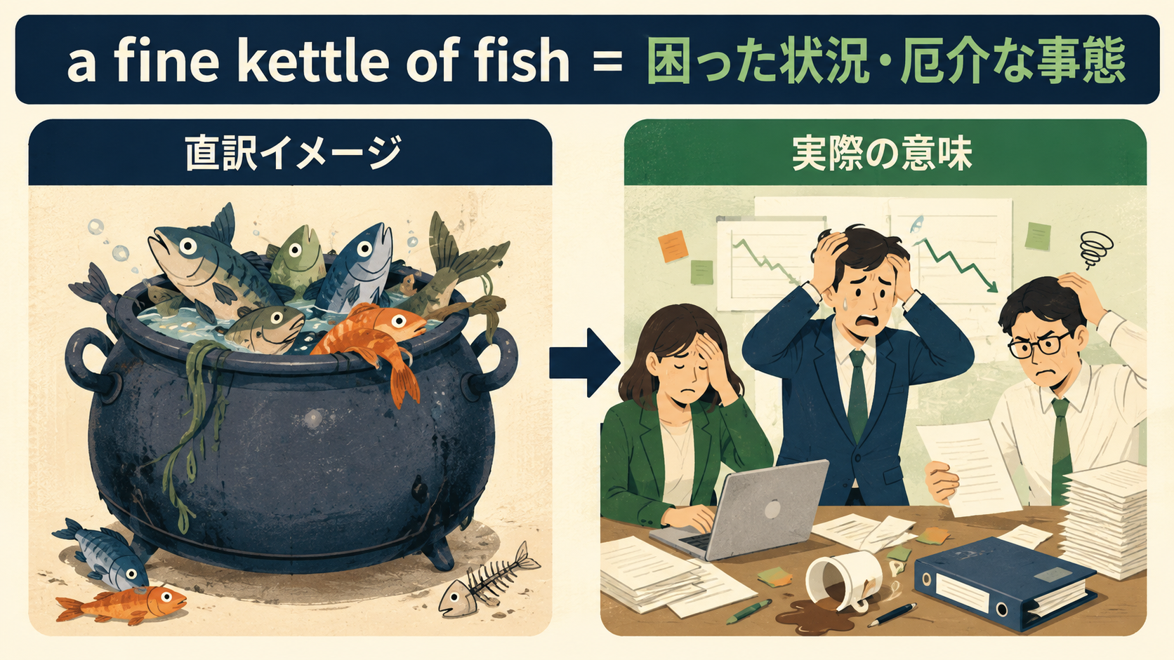 a fine kettle of fishの直訳イメージと実際の意味を比較したイラスト