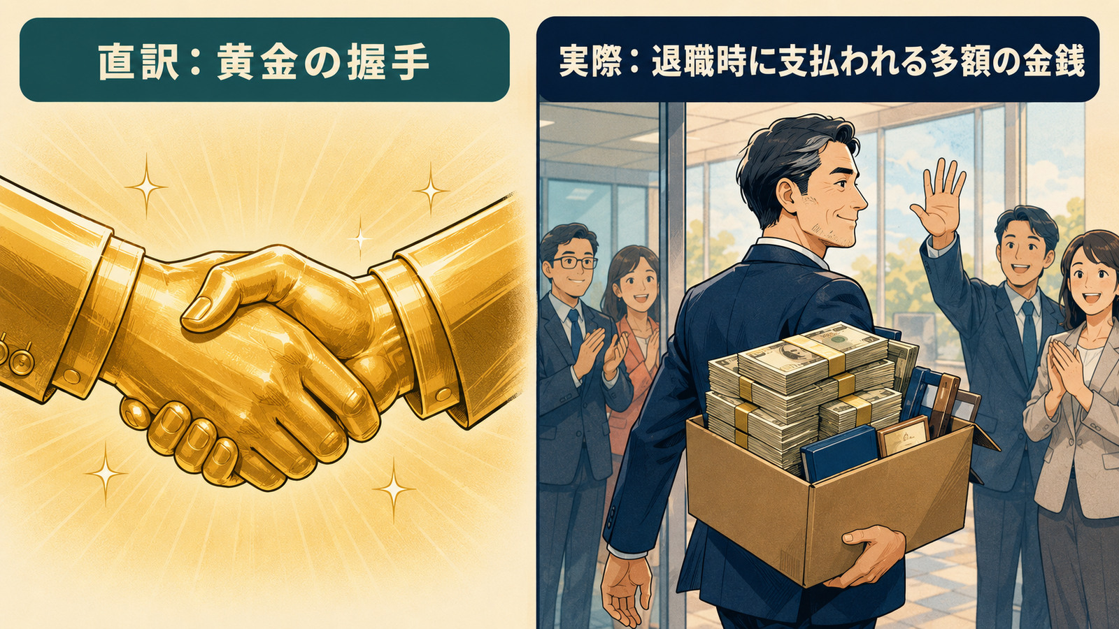 a golden handshakeの直訳と実際の意味を比較するイラスト