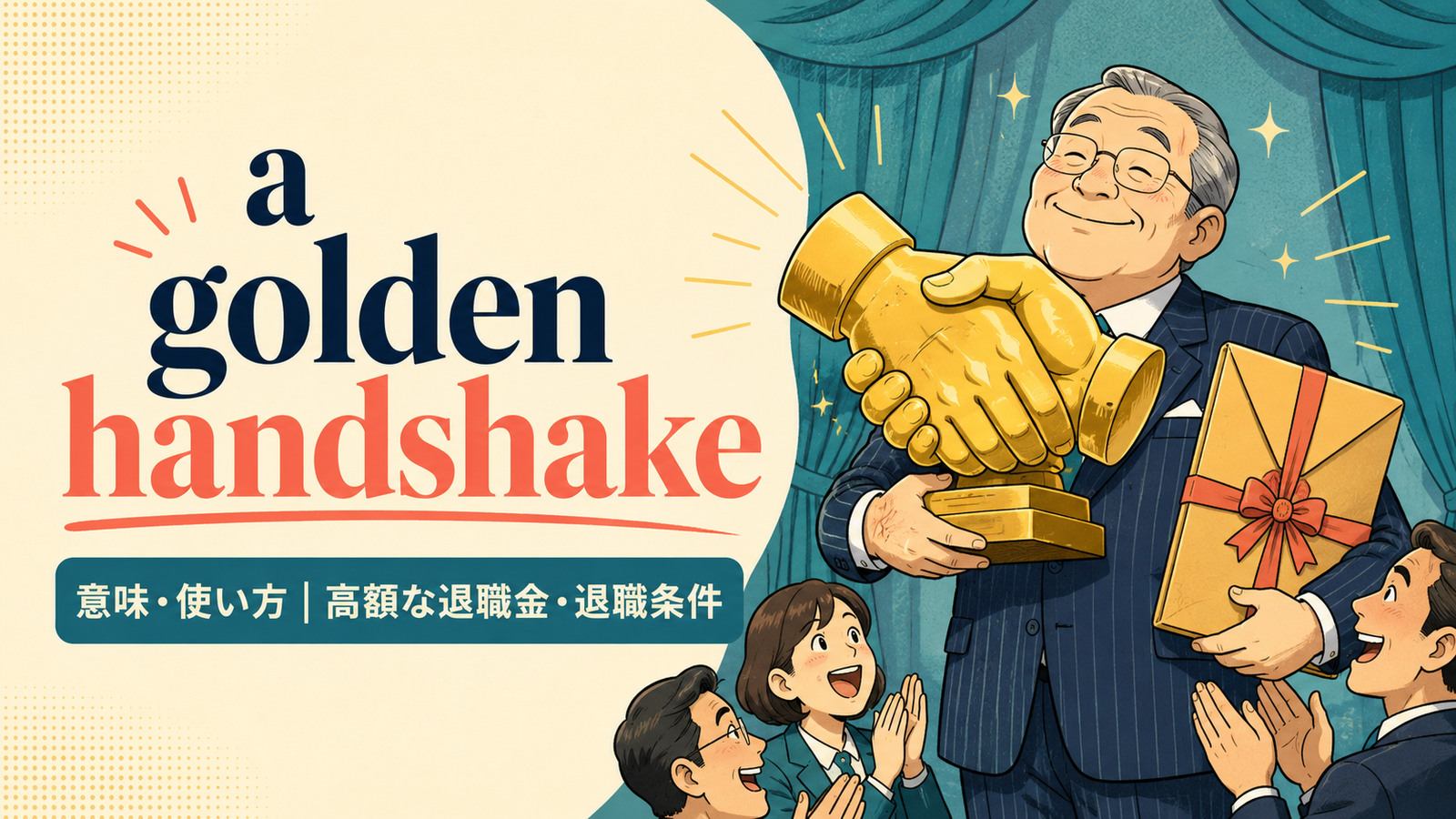 a golden handshakeの意味と使い方を表すアイキャッチ画像