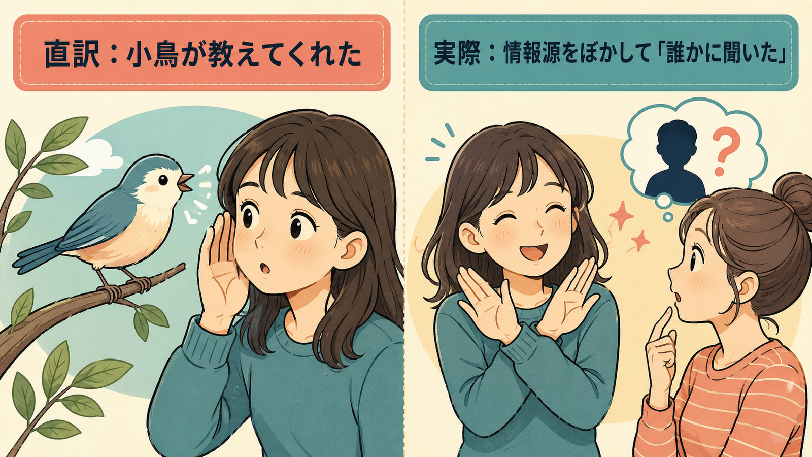 a little bird told meの直訳と実際の意味を比較するイラスト
