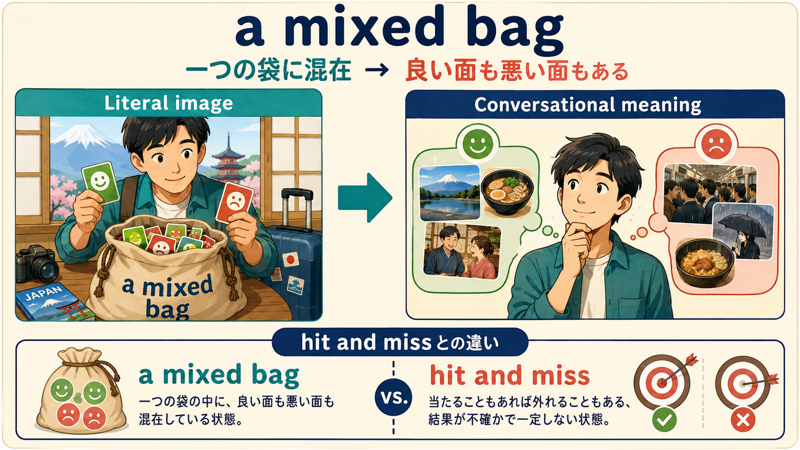 a mixed bagの直訳イメージと会話での意味を比較する解説イラスト