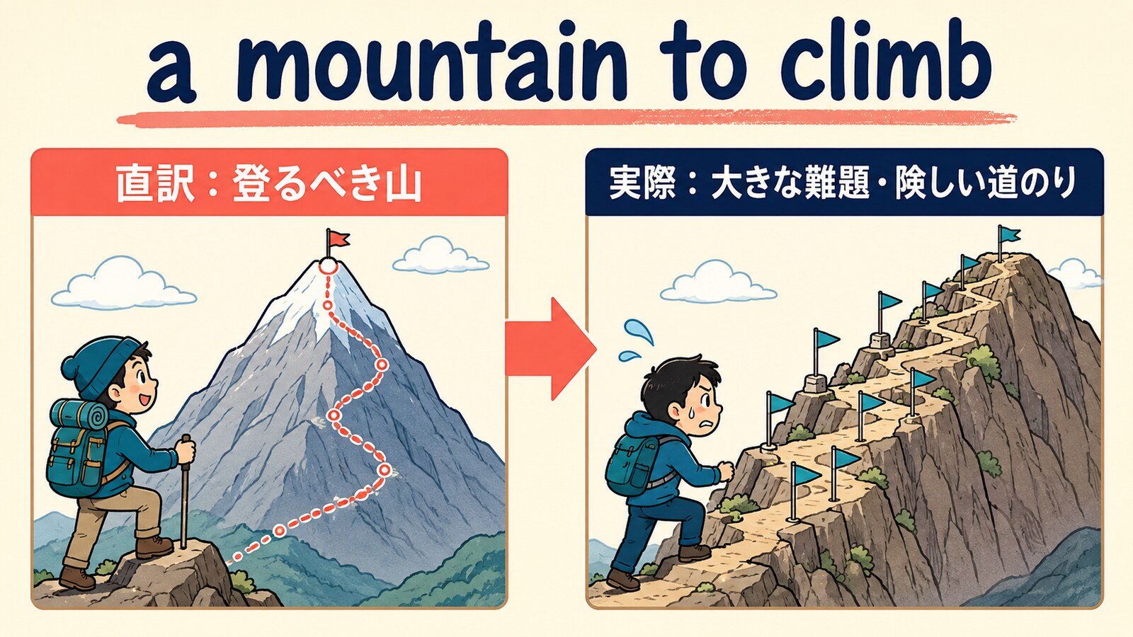 a mountain to climbの直訳と実際の意味を比較したイラスト