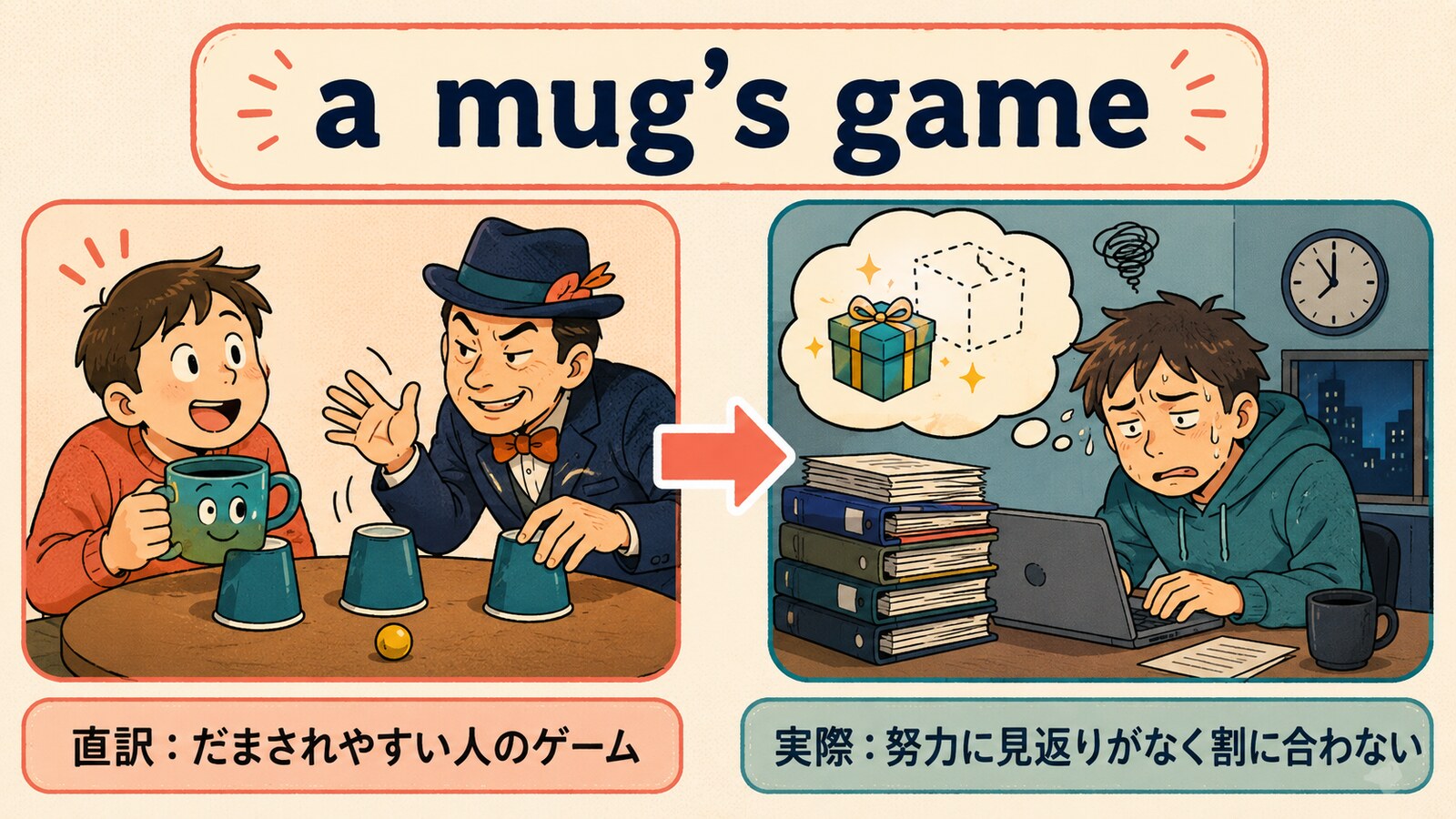 a mug’s gameの直訳と実際の意味を比較する解説イラスト