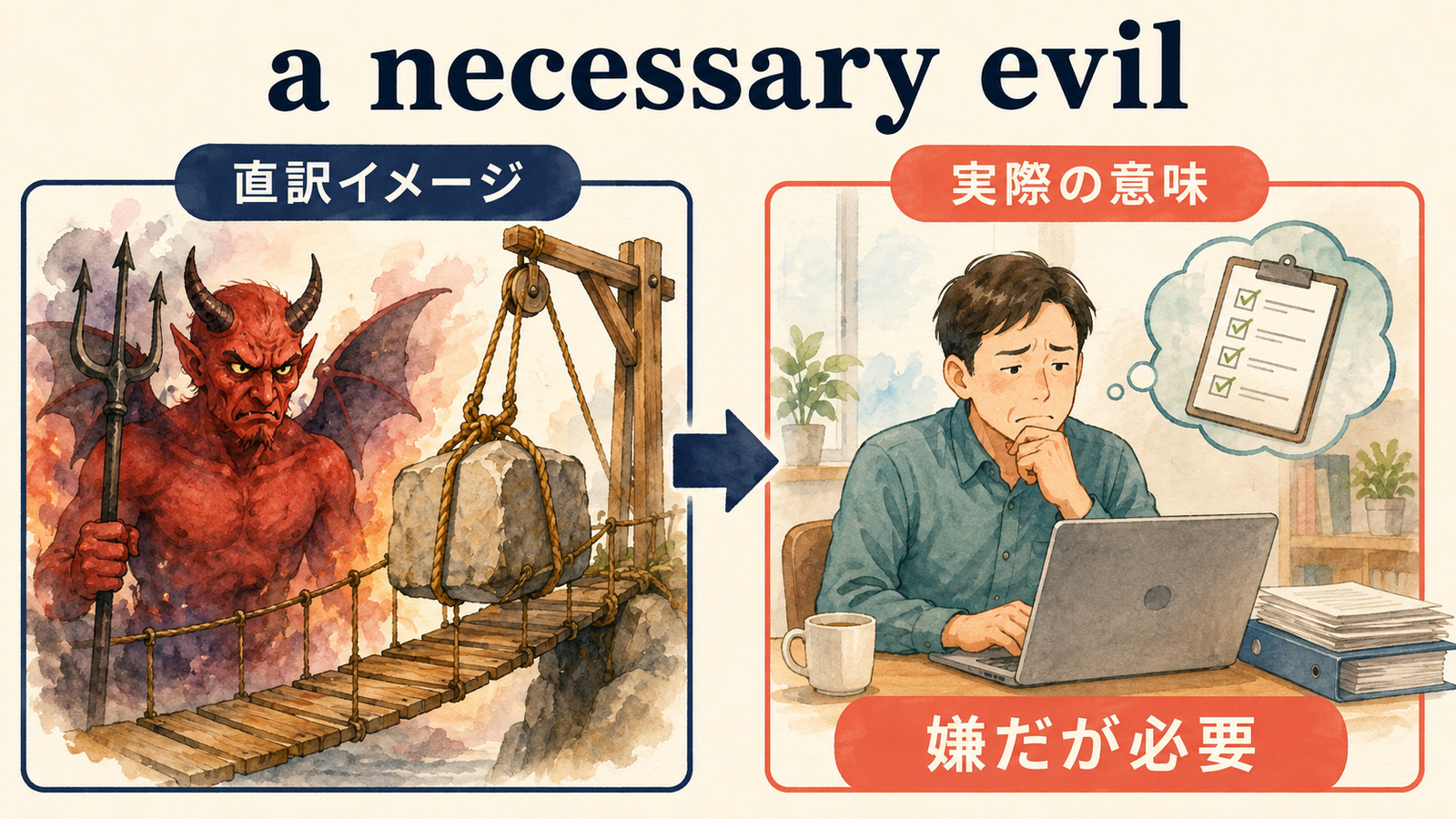 a necessary evilの直訳イメージと実際の意味を比較する解説イラスト