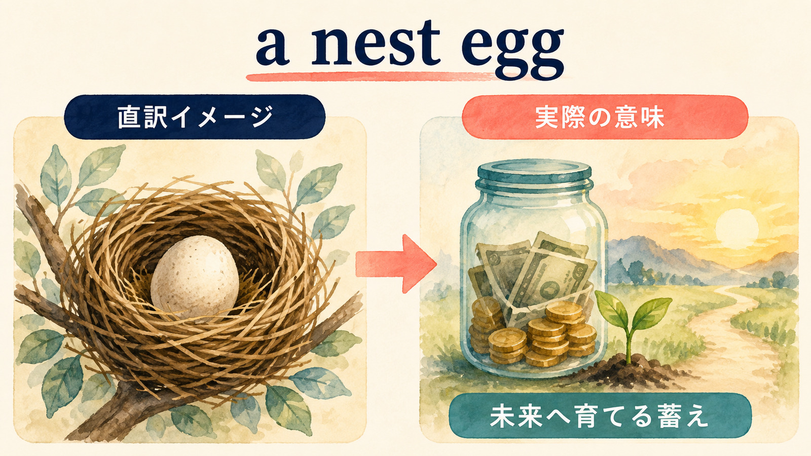 a nest eggの直訳イメージと実際の意味を比較する解説イラスト