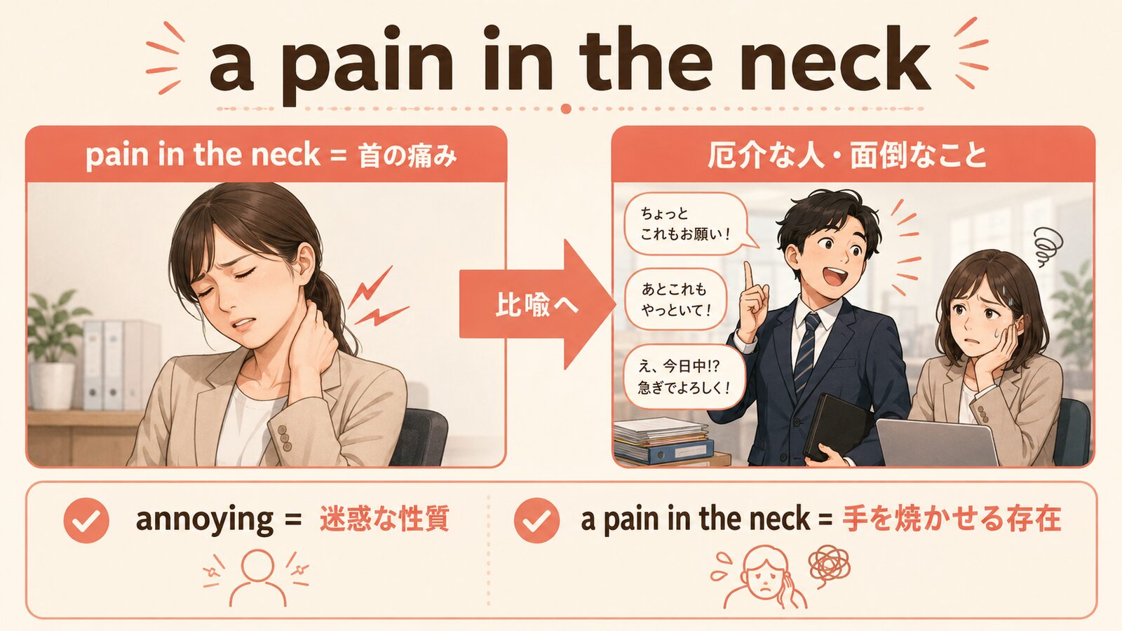 a pain in the neckの意味は？「厄介な人・面倒なこと」の使い方・ニュアンスと例文