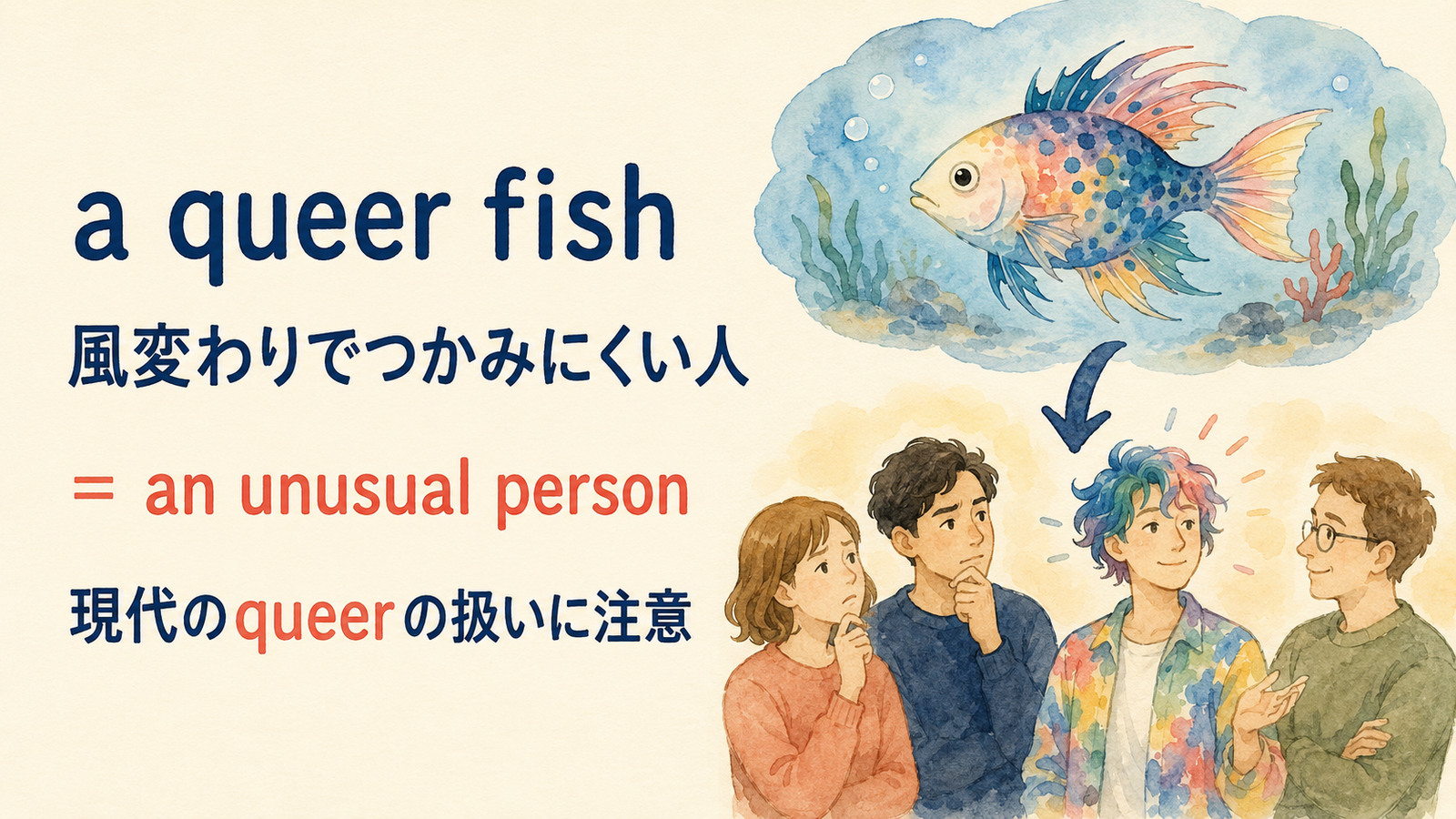 a queer fishの直訳イメージと実際の意味を比較する解説イラスト