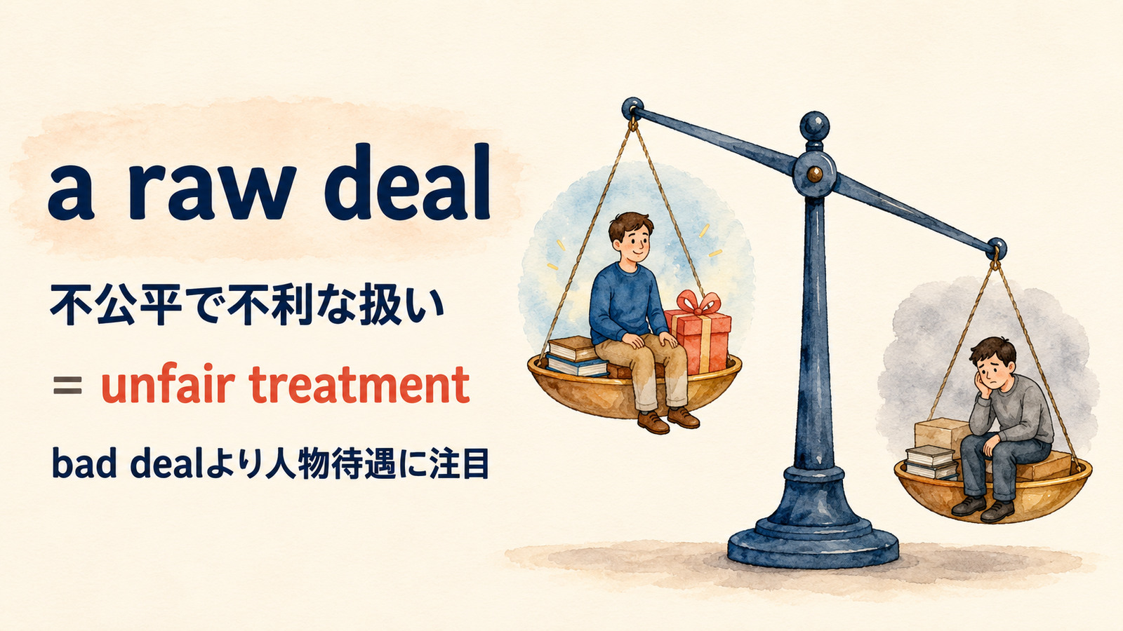 a raw dealの直訳イメージと実際の意味を比較する解説イラスト